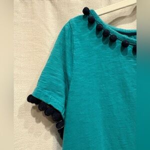 Boden 100% cotton blue dress with whimsical pom pom trim